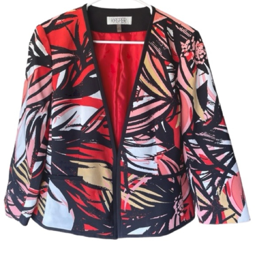 Kasper Blazer Womens Size 22W Multicolor Open Front Abstract Print Jacket